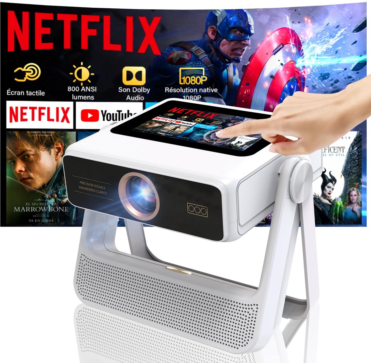 SnelShoppen - Smart Mini Beamer 4K Draagbare Projector met Touchscreen, 1100 ANSI, Autofocus, Automatische Keystone Correctie, WiFi 6, Bluetooth, HDR1