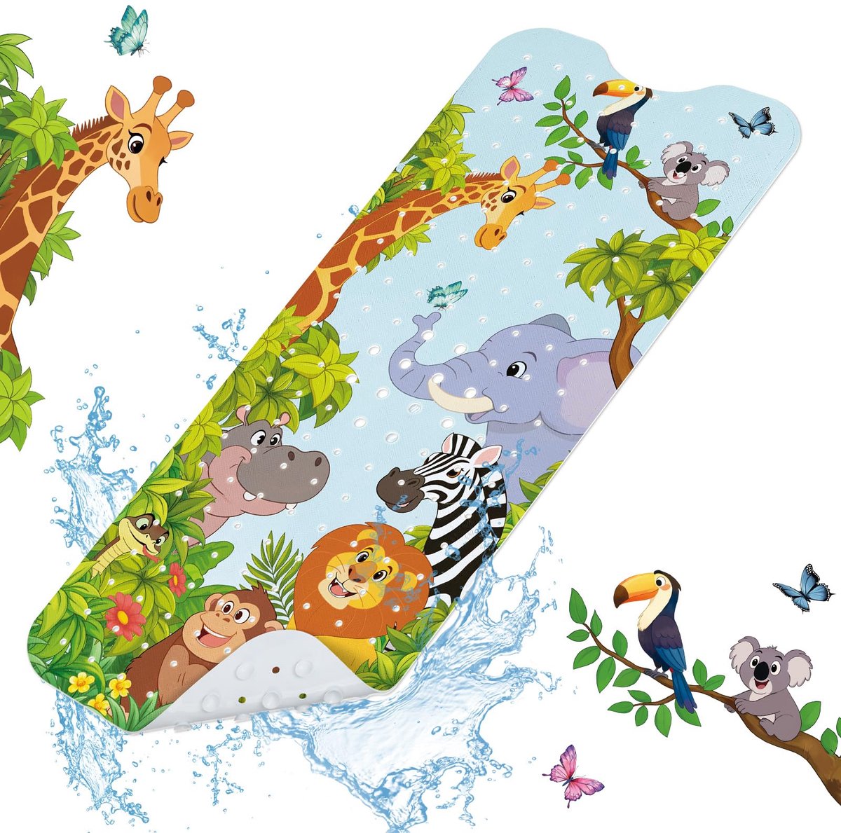 SnelShoppen - Badmat voor Kinderen, Antislip, Jungle Dieren, Schimmelbestendig, Machinewasbaar, 100 x 40 cm, Badmat voor Baby's, Veilig voor de Badkam