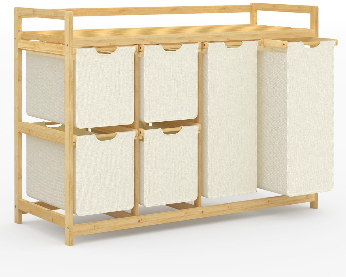 SnelShoppen - 200L Wasmand met 6 Vakken, Grote Wasverzamelaar, Wassorteerder met 2 Waszakken en 4 Stoffen Boxen, Bamboe Wasrek voor Badkamer en Slaapk