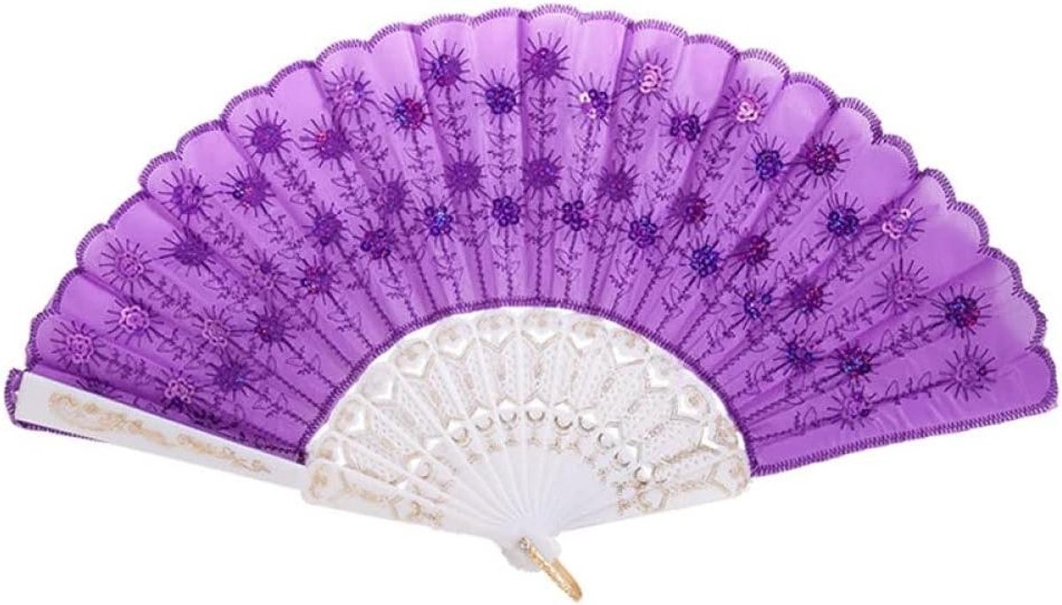 Opvouwbare Handventilator - Zijden Ventilator Bloem - Dansen en Decoratie - Met Pailletten - 25 cm Uitgeklapt 42 cm - Paars