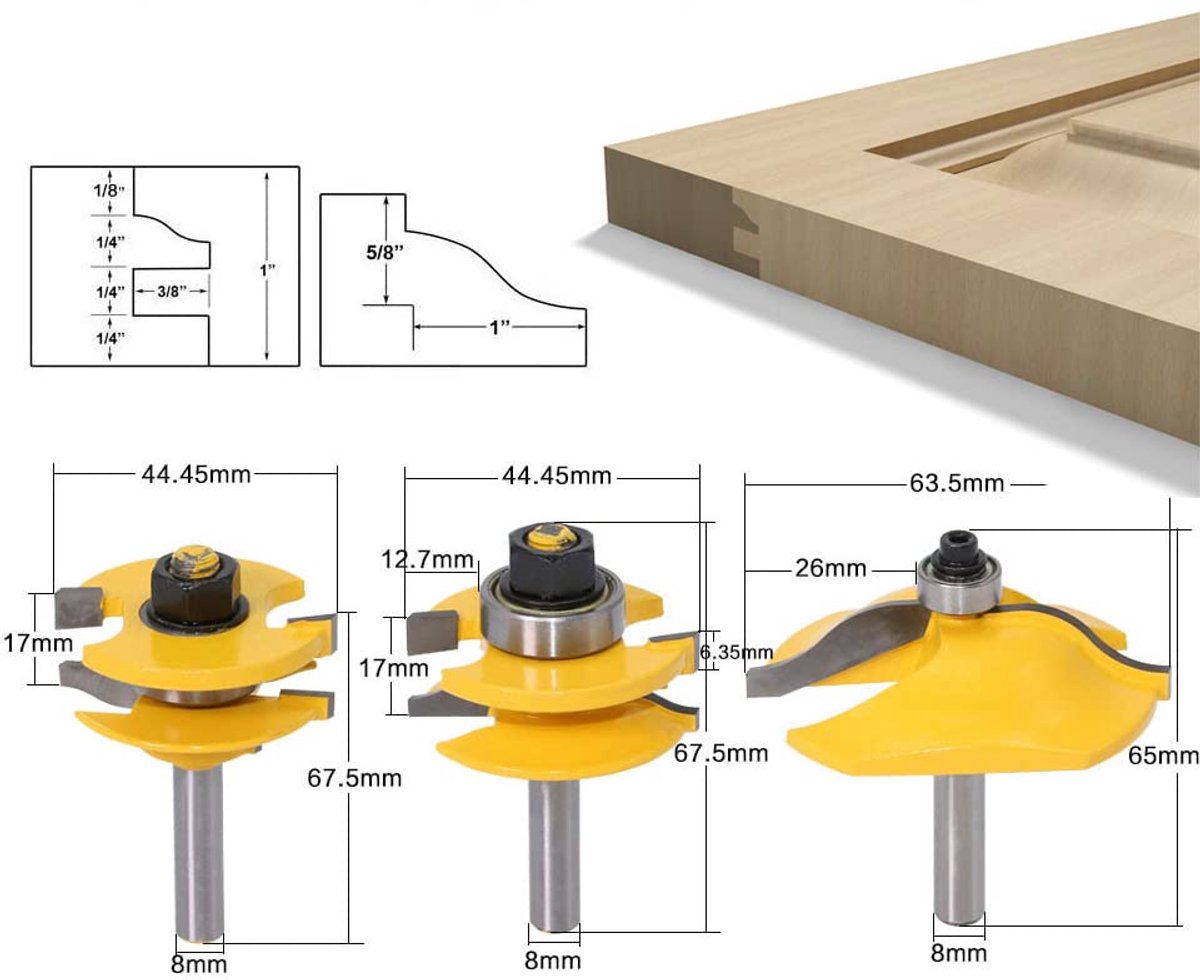 SnelShoppen - Ogee Rail & Ogee 3-delige bovenfreesset, 8 mm schacht, verhoogd paneel, houtfrees, houtbewerkingsgereedschap voor precisie, DIY, en prof
