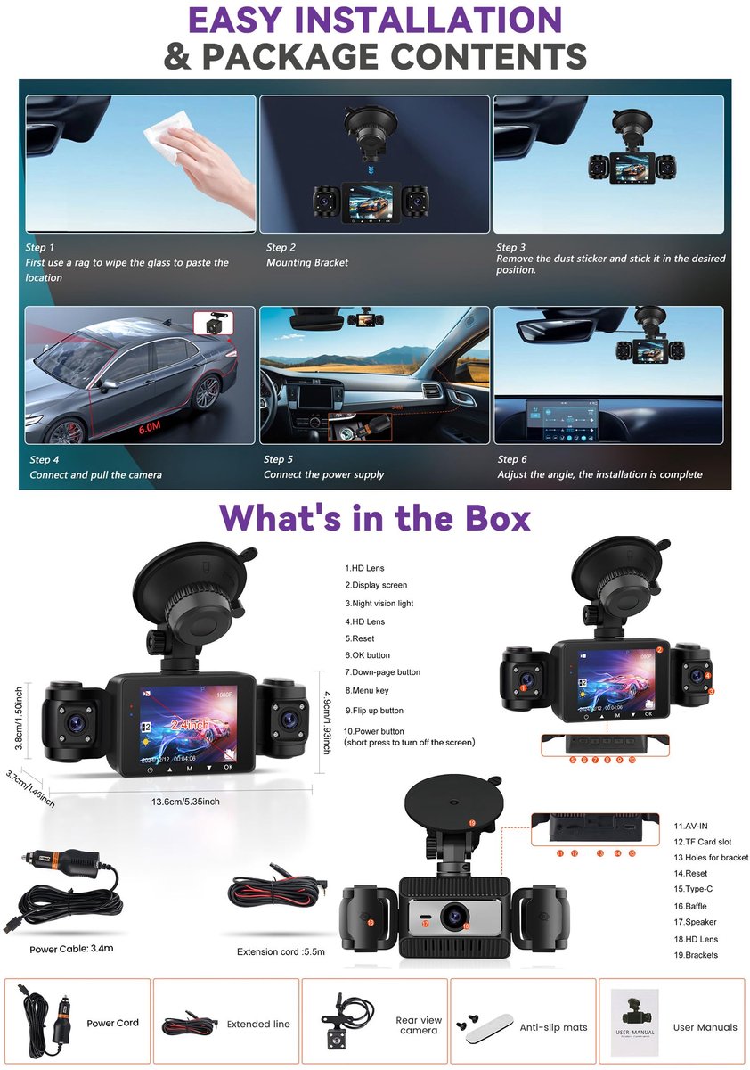 SnelShoppen - 4-kanaals Dashcam Auto 1080P + 3 * 480P, 2.4 inch Display, 360° Panoramazicht, Nachtzicht, Loop-opname, G Sensor, 24H Parkeermonitor, Ee
