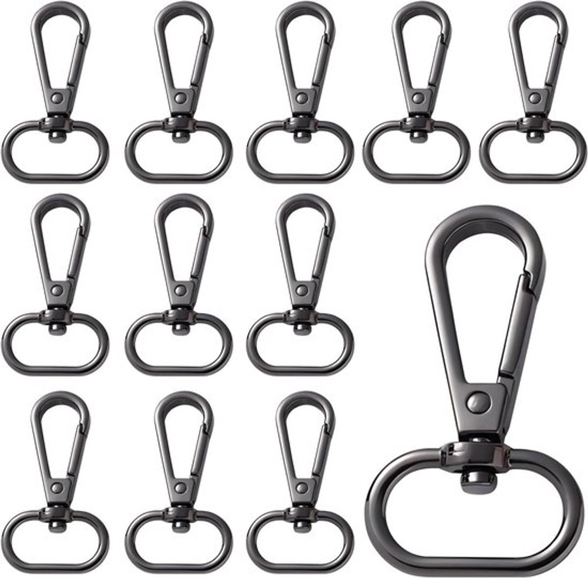 Set van 12 draaibare karabijnhaken voor sleutelhangers en puppykettingen - Zwart
