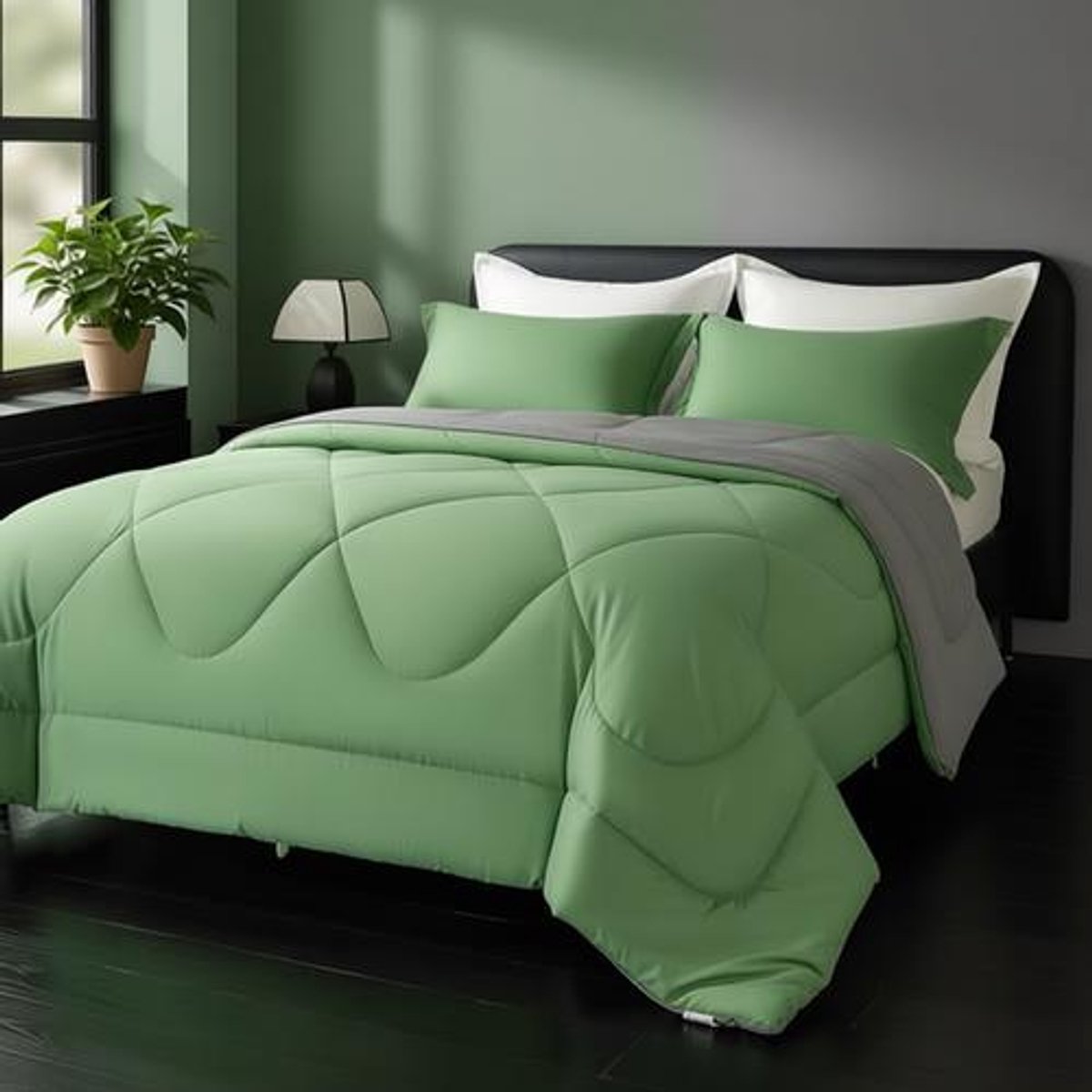 Arvion Omkeerbaar Dekbed 200x200 cm - 4 Seizoenen Microvezel Duvet met Kussenslopen - Groen/Grijs