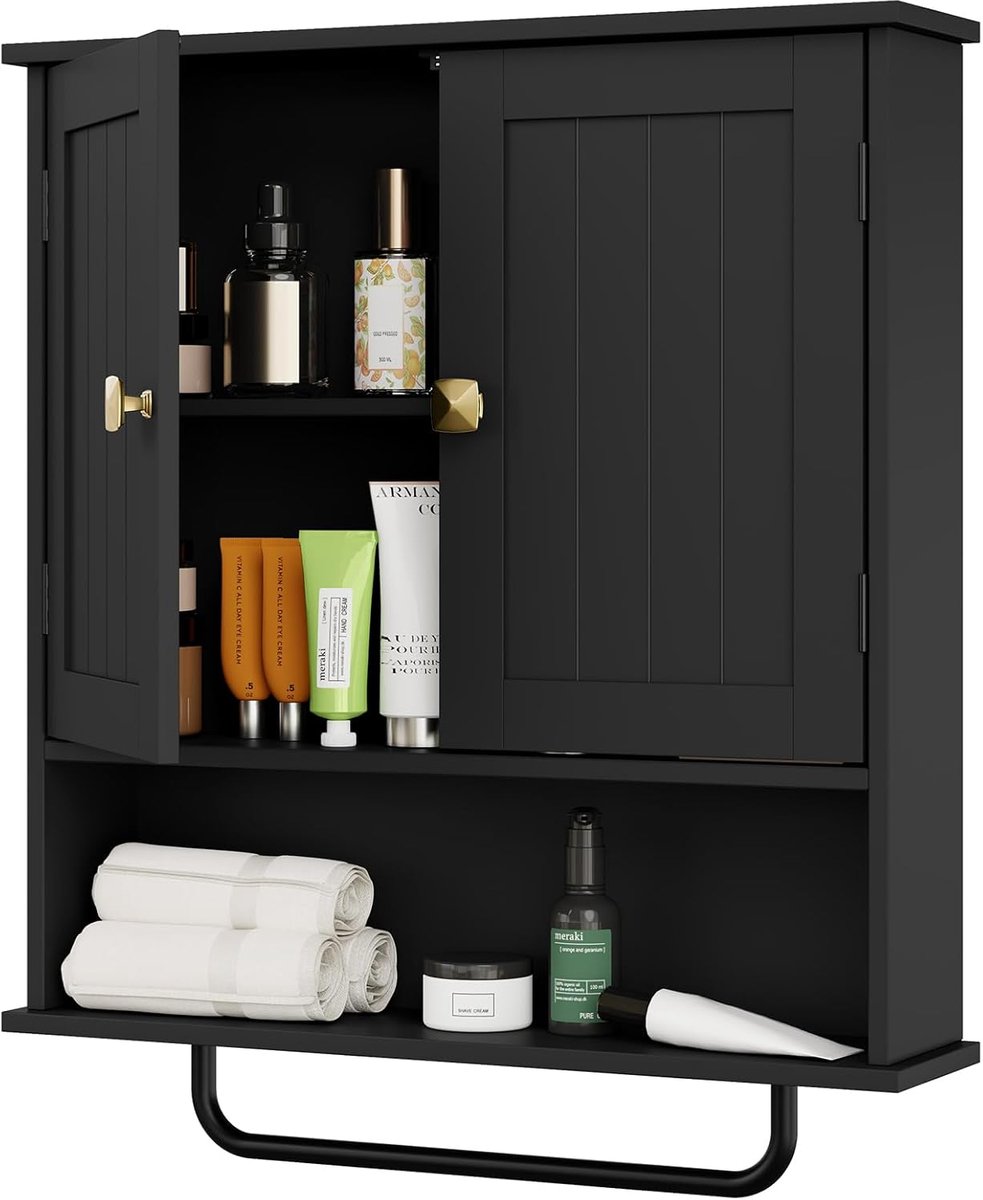 SnelShoppen - RRX Badkamer Wandkasten met Handdoekbar en 2 Deuren - Opbergkast voor Badkamer en Waskeuken met Verstelbare Plank - Zwarte Wandkast voor