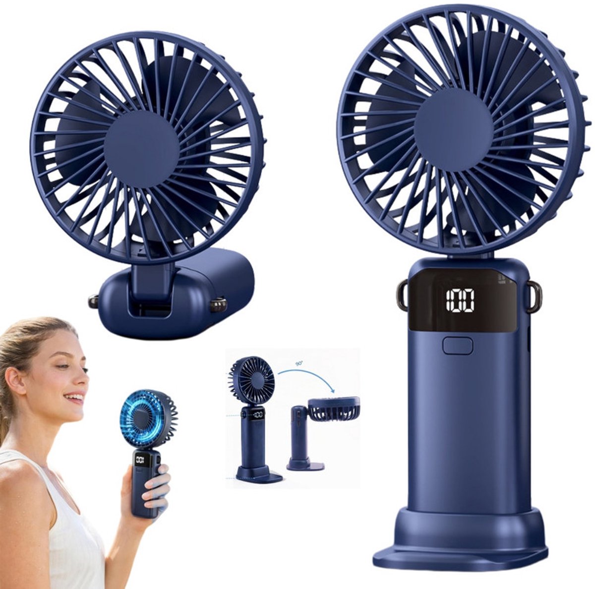 Draagbare mini-handventilator - Met oplaadbare batterij - USB-C-interface - Opvouwbare draagbare mini-ventilator met digitaal display - 5 windsnelheden - Opvouwbaar - Geschikt voor buiten, op reis en op kantoor - Donkerblauw