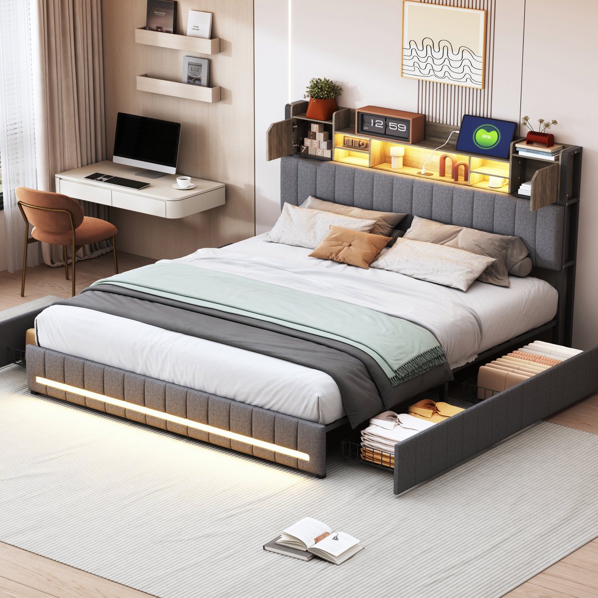 Tweepersoonsbed 140x200 cm, bed met opbergruimte en led hoofd- en voeteneinde, linnen bed met 4 lades, usb type-c, grijs, zonder matras