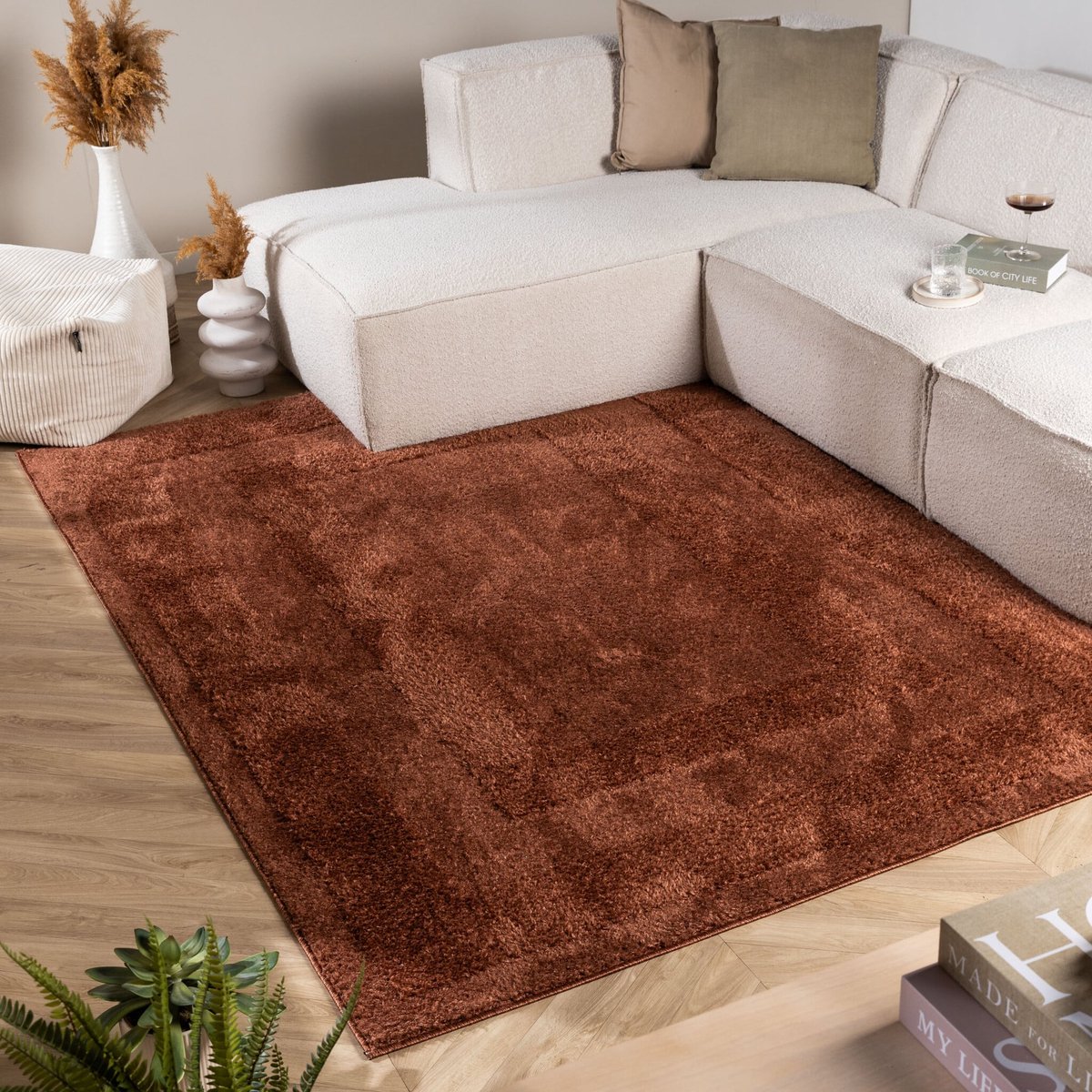 Fraai Scandinavisch vloerkleed - Lova Border Terracotta - 120x170 cm