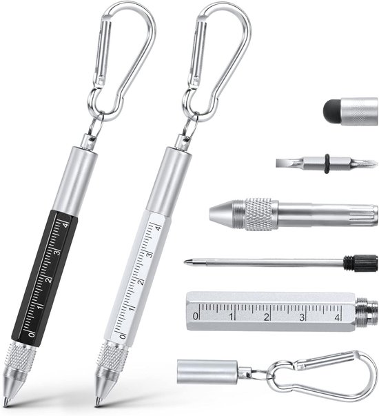 Stylos multitools noirs et argentés avec mousqueton et embouts correspondants.
