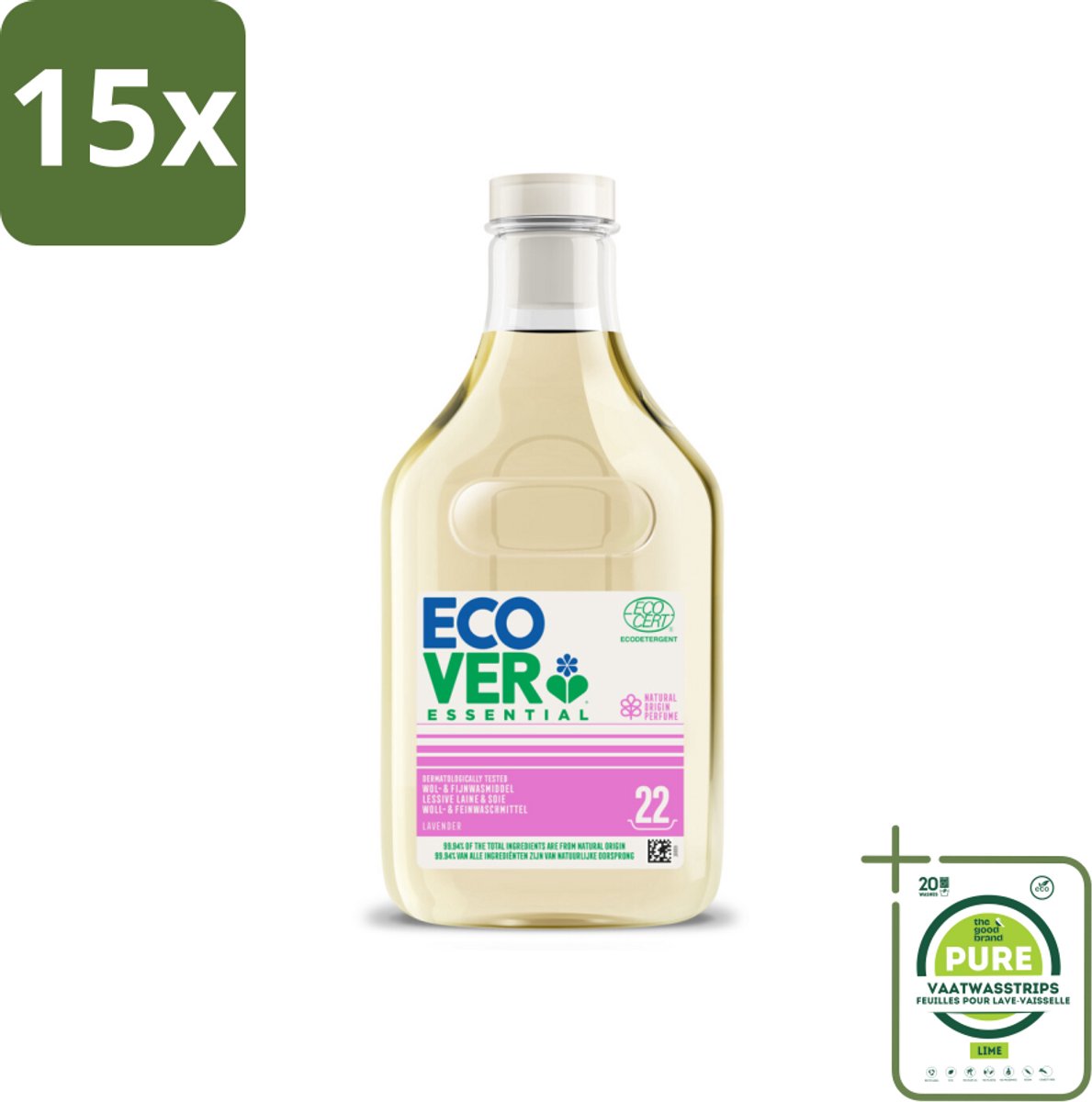 15 x Ecover - Vloeibaar wasmiddel Essential - Wol & Fijnwas - 1 liter - 22 wasbeurten - Grootverpakking - Wasmiddel Wol - Wasmiddel Zijde - Biologisch Wasmiddel - Milieuvriendelijk Wasmiddel - Wasmiddel Delicate Stoffen