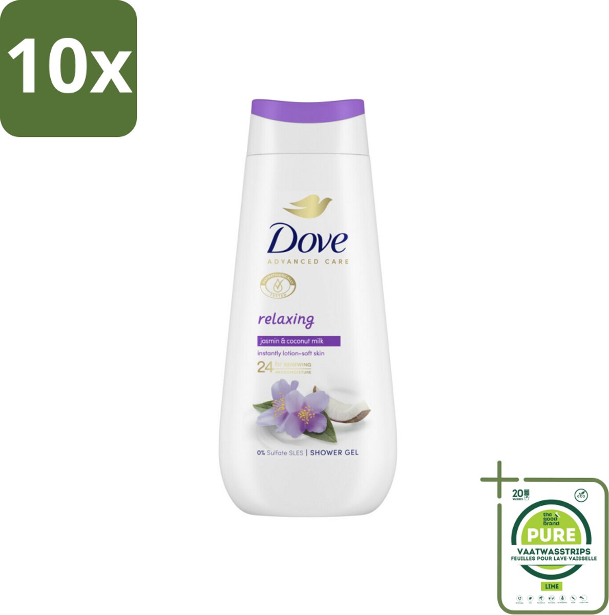 10 x Dove Douchecrème - Relaxing - Kokos & Jasmijn - 225 ml - Grootverpakking - Douchegel - Verzorgend - Hydraterend - Jasmijn - Kokosmelk