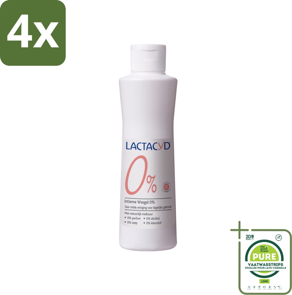 Lactacyd – 0% – Milde Wasgel – 250 ml - Voordeelverpakking - 4 stuks - Intieme wasgel - Gevoelige huid