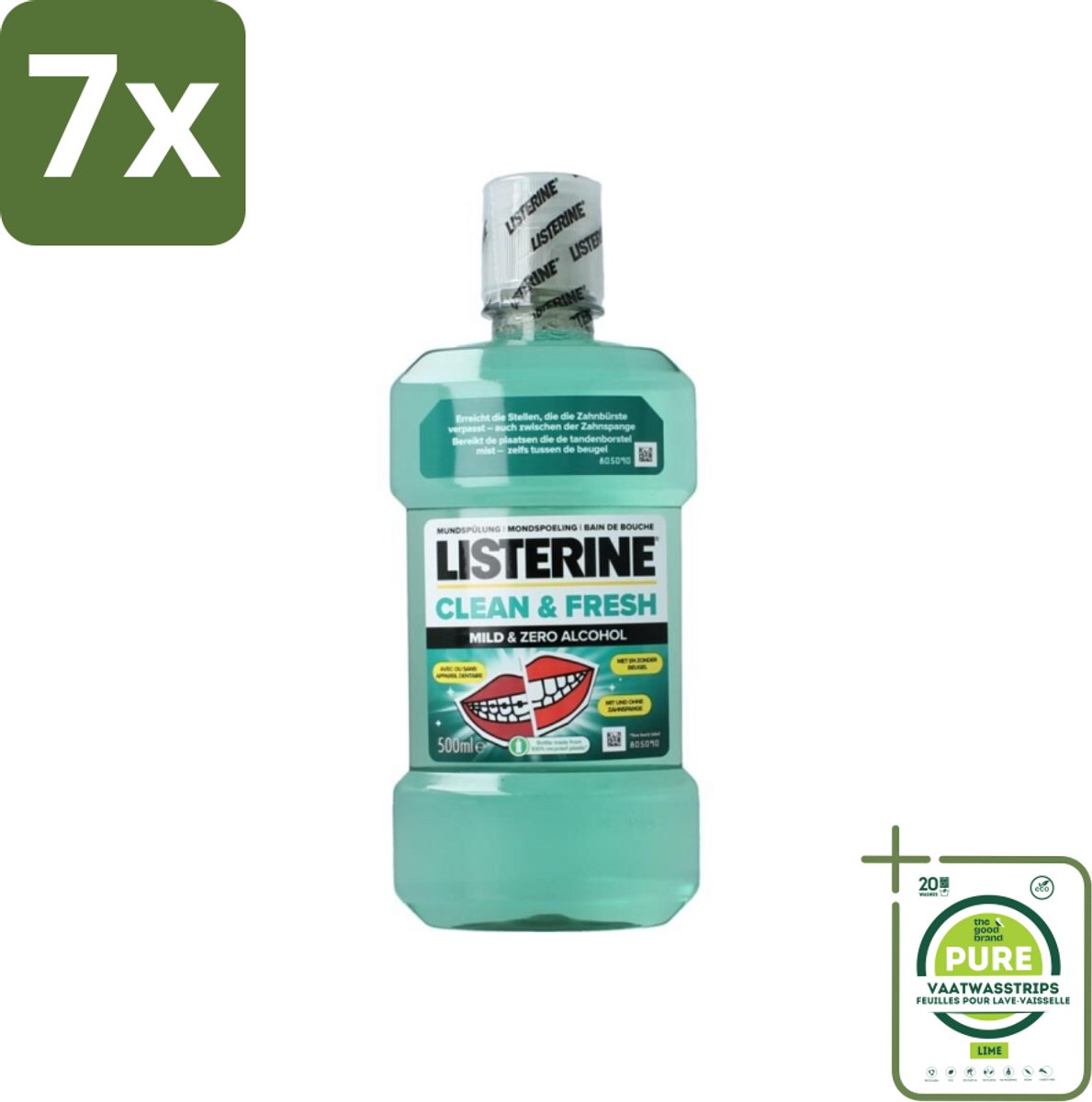 7 x Listerine – Mondwater – Clean & Fresh – Zonder alcohol – 500 ml - Grootverpakking - Mondspoeling - Mondhygiëne - Beugel - Tandplak - Tandvlees