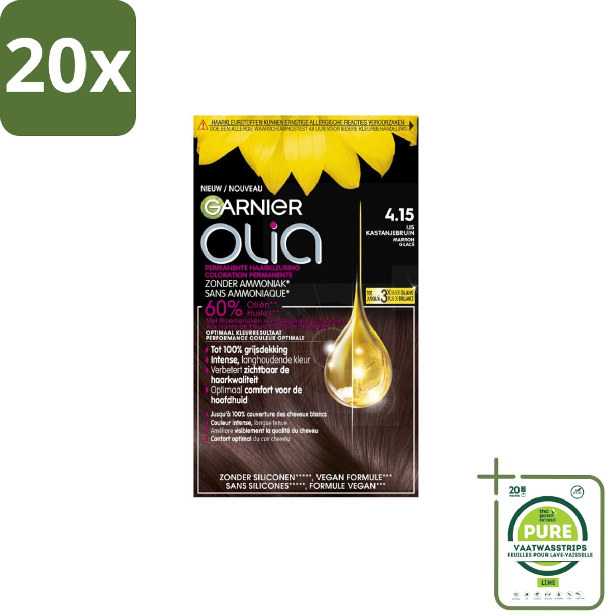 20 x Garnier - Olia 4.15 - Haarkleuring - Kastanje Middenbruin - Zonder Ammoniak - 100% Grijsdekking - Grootverpakking - Permanente Haarkleuring - Haarkleur - Kastanje - Middenbruin - Grijsdekking