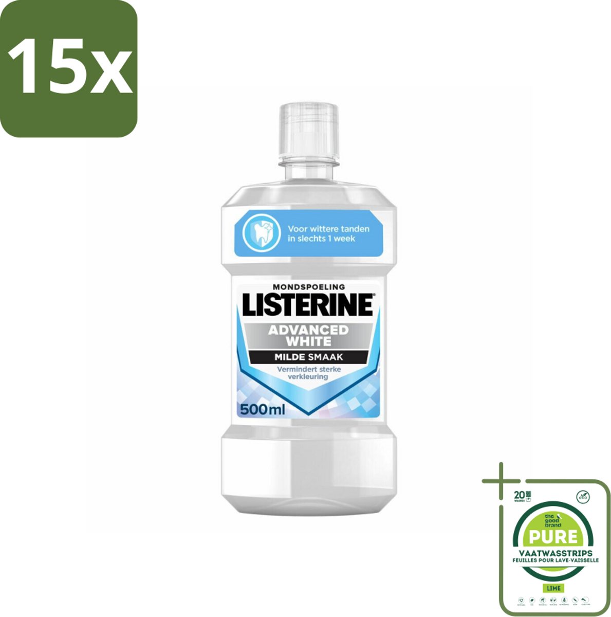 15 x Listerine – Mondwater – Advanced White – Mild – 500 ml - Grootverpakking - Wittere Tanden - Mondspoeling - Frisse Adem - Tandenverzorging - Mondhygiëne