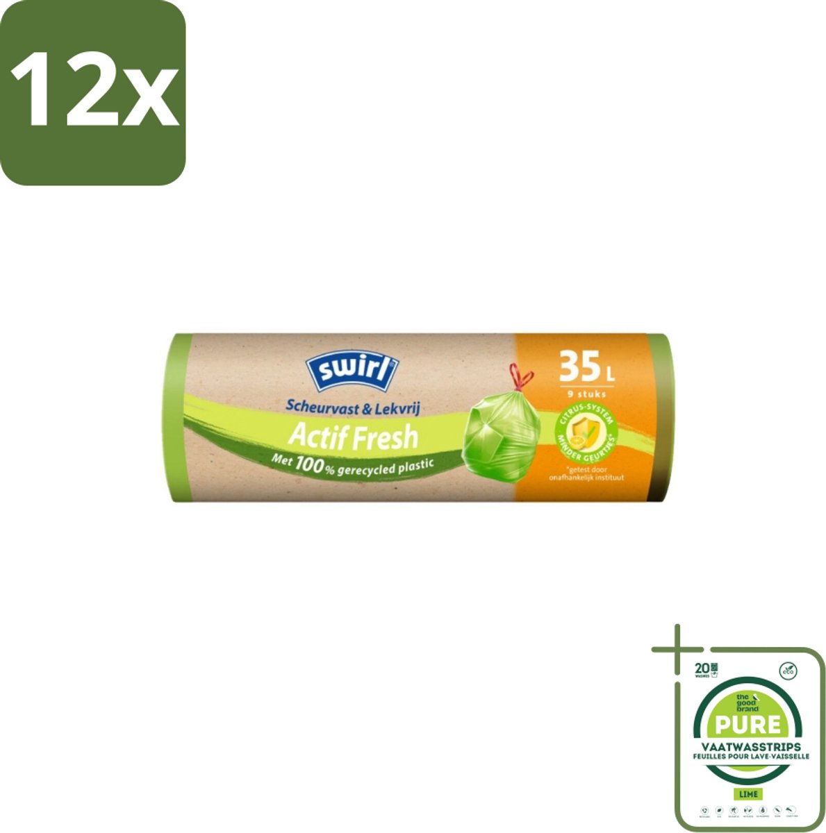 Swirl – Vuilniszakken – Trekband Geparfumeerd Actif Fresh – 35 L – 9 zakken - Voordeelverpakking - 12 stuks - Vuilnisbak - Geurabsorber