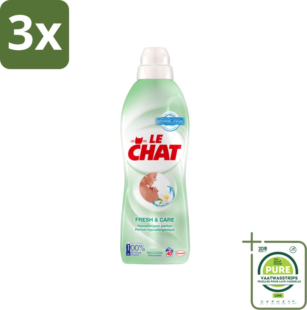 3 x Le Chat – Wasverzachter – Fresh & Care – 880 ml - Grootverpakking - Wasverzachter - Frisheid - Zachte Was - Antistatisch - Textiel Verzorging