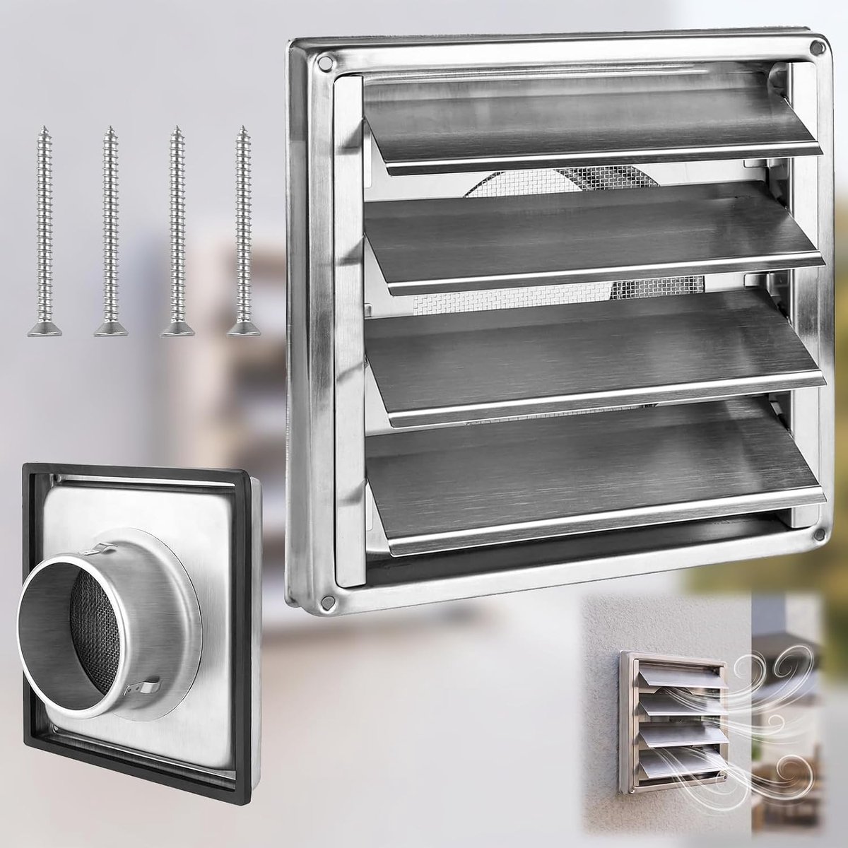 SnelShoppen - Weerbestendig Beluchtingsrooster 100mm RVS met Insectennet en Rubber Seal - Afzuigkap Afdekking Buiten - 184×184 mm voor Tuin, Keuken, D