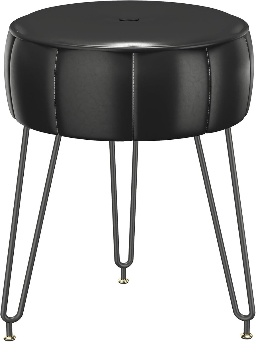 SnelShoppen - Ronde Hocker, Pompoen Vorm, Verstelbaar 360° Waxed Leer, Makeup Kruk voor Slaapkamer, Woonkamer - 32 x 32 x 44cm Zwart