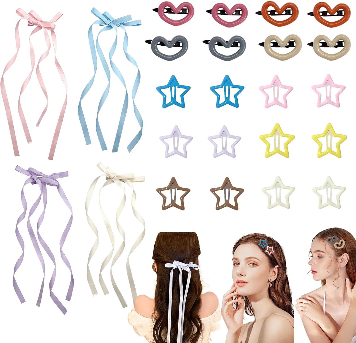 SnelShoppen - 24 Stuks Haarspeldjes voor Vrouwen en Meisjes - Hart Ster Haarspelden Lange Lintstrik Haarclip Kleurrijke Haaraccessoires voor Dagelijks