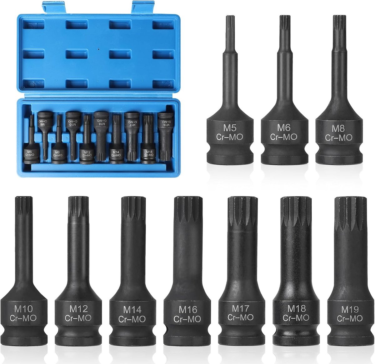 SnelShoppen - 10-delige zeskant steeksleutelset 1/2 inch, M5 tot M19, chrome-molybdeen staal, met opbergdoos, spanners en inzetstukken voor klussen en
