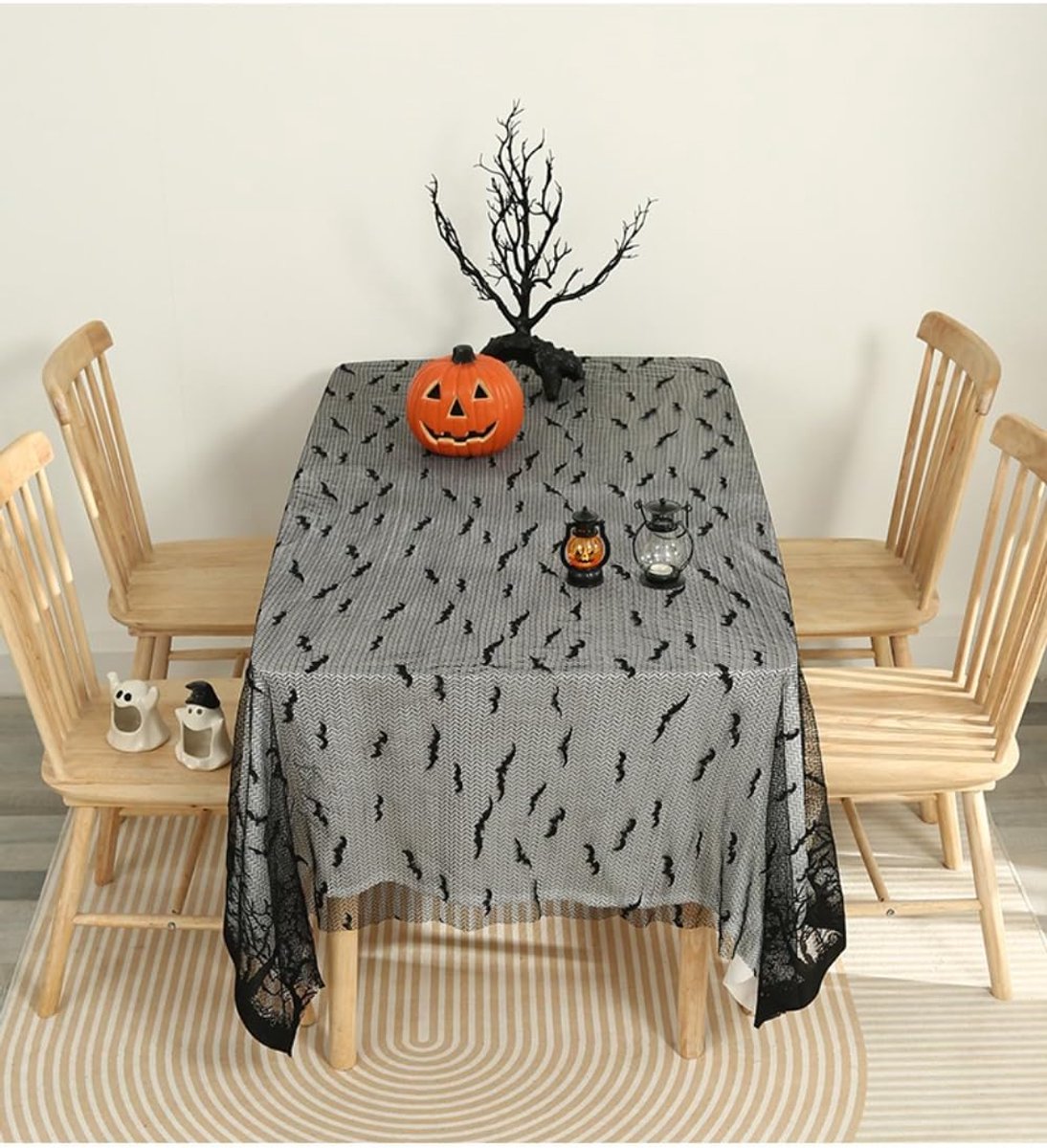 SnelShoppen - Zwarte Kant Tafelkleed, Rechthoekig Tafellaken met Patroon, Halloween Tafel Linnen, Tafelversiering voor Halloween, Feestdecoratie, Verj