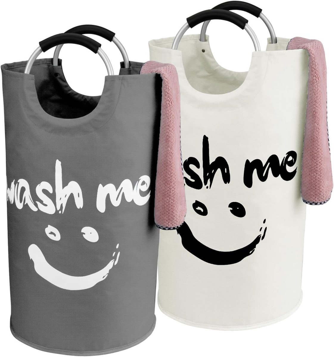 SnelShoppen - Wasmand Set van 2 - 95L Vouwbare Waszak - Flessenverzamelaar - Opbergtas voor Sportschool, Vuile Kleding en Speelgoed (Donkergrijs/Beige