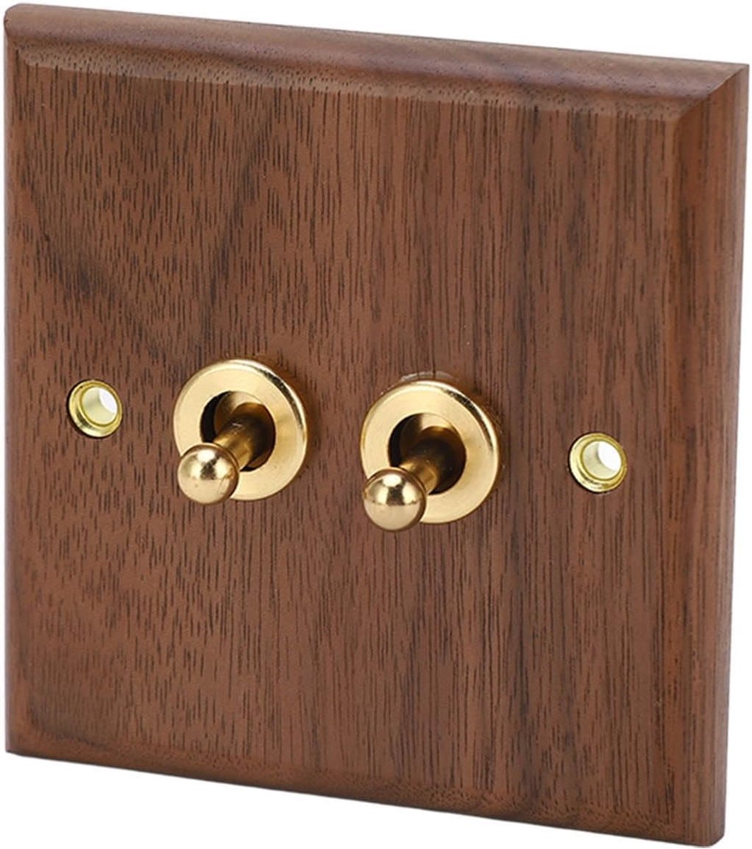 Double rocker switch - retro walnotenhouten panel - messing hendel - eenvoudig lichtbediening - ShopVlot