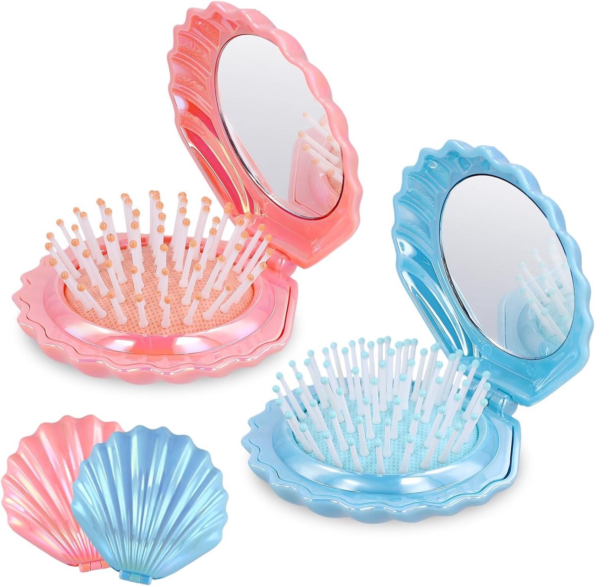 SnelShoppen - 2Pcs Reis Haarborstels, Schelpvormige Pocket Haarborstel met Spiegel, Opvouwbare Haarborstel, Draagbare Haarmassage Kam, Mini Compact Ha