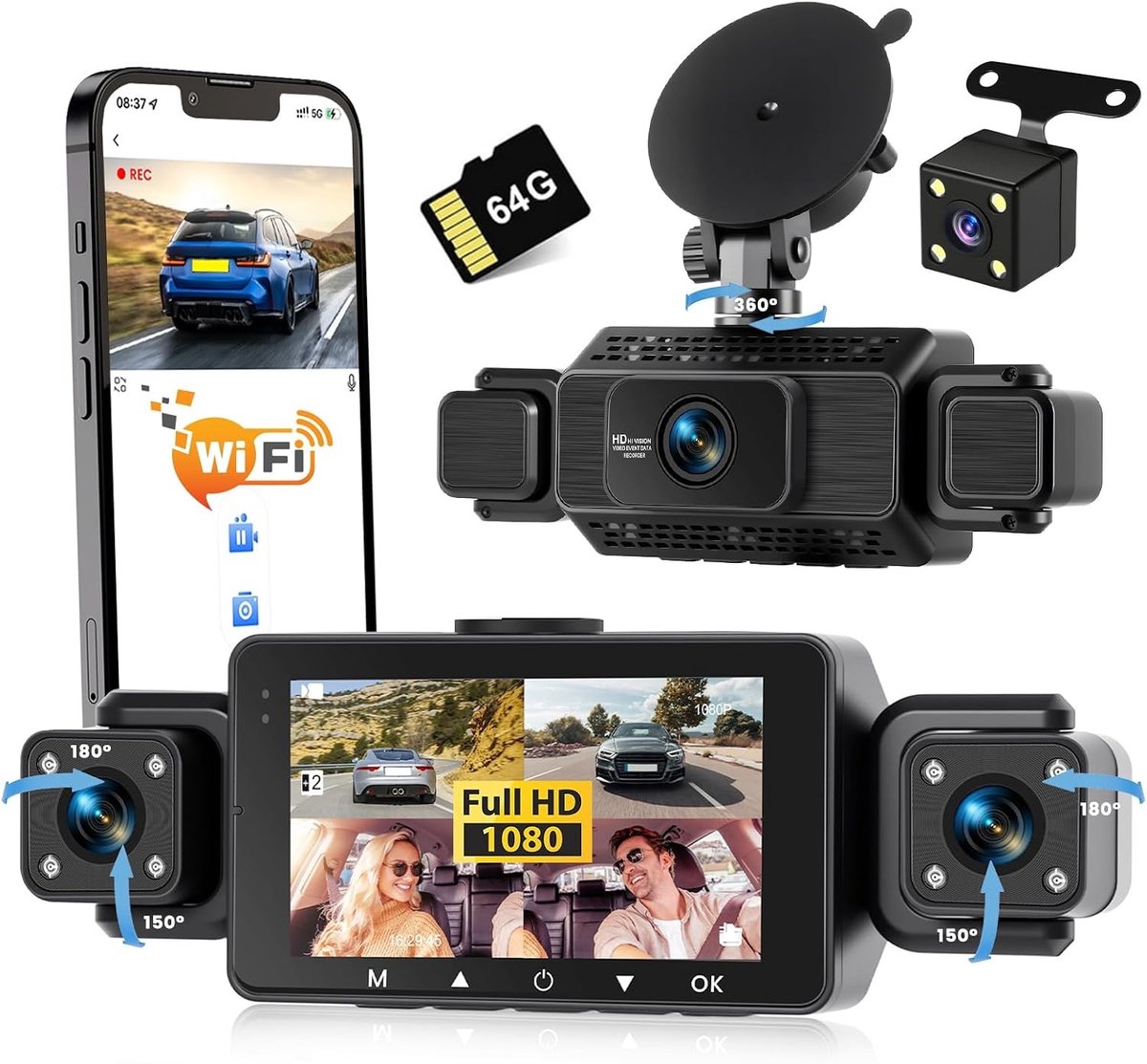 Dashcam voor auto - Zwart - 4 kanalen - 1080P met Wifi en 64 GB SD-kaart - Voor alle voertuigen