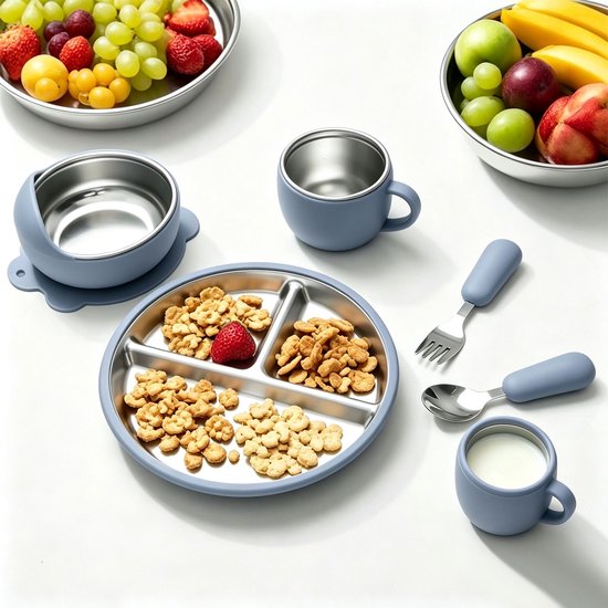 Blauw baby servies: bord met drie vakken, kom, beker, vork, lepel, gevuld met fruit en ontbijtgranen.