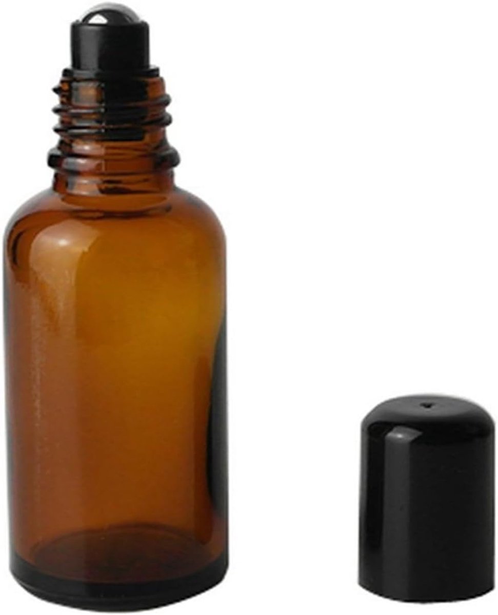 SnelShoppen - 3 x Bruine Glazen Roll-On Flessen met RVS Rollen en Zwarte Deksel, 50ml Essentiële Olie Parfum Lipcosmetica Shine Balm Flesje Container