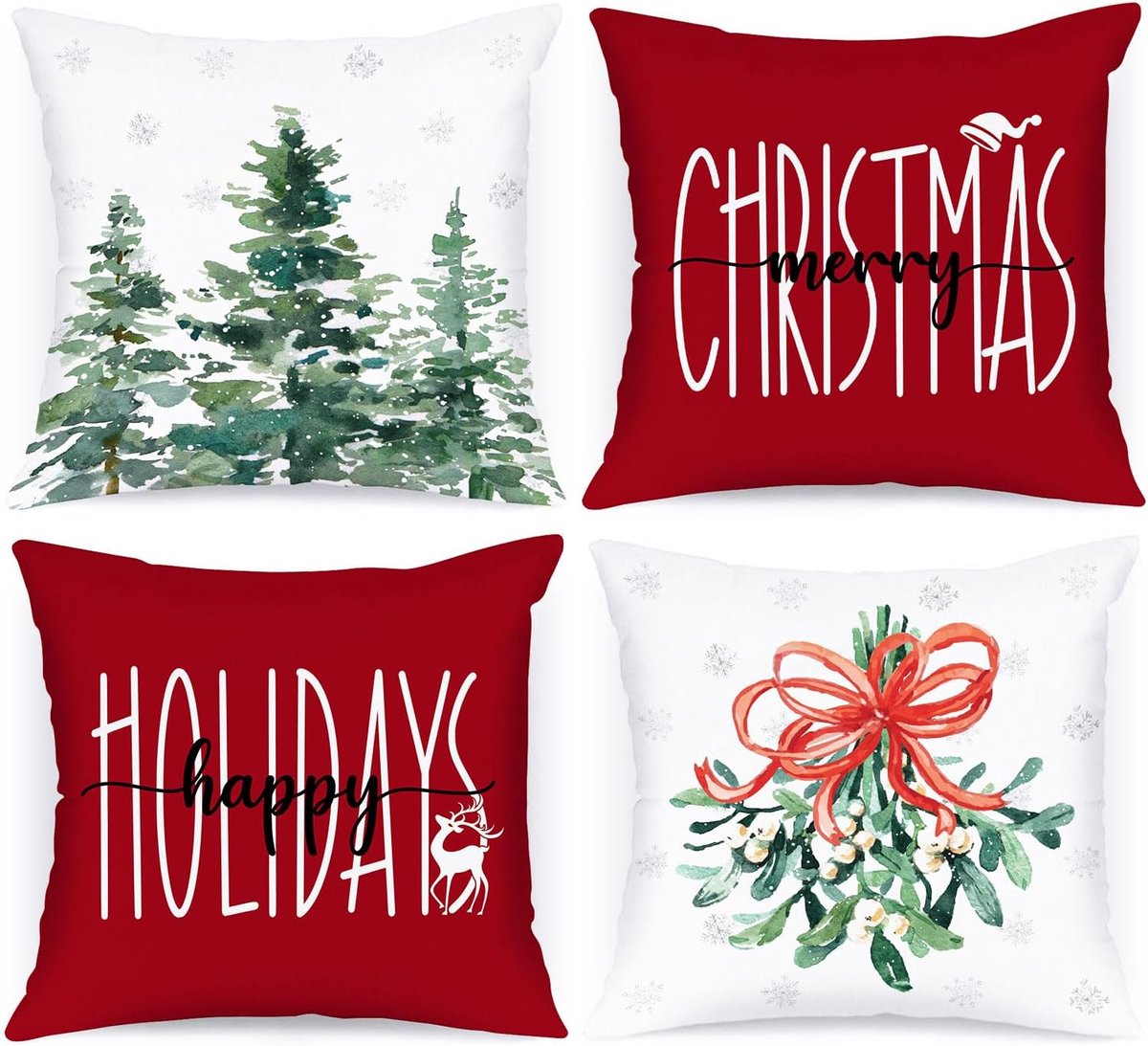 SnelShoppen - Set van 4 Kerstkussenslopen 45 x 45 cm, Winterse Bosprint, Kussenhoezen voor Feestdagen, Hoogwaardige Polyester, Geschikt voor Kinderen