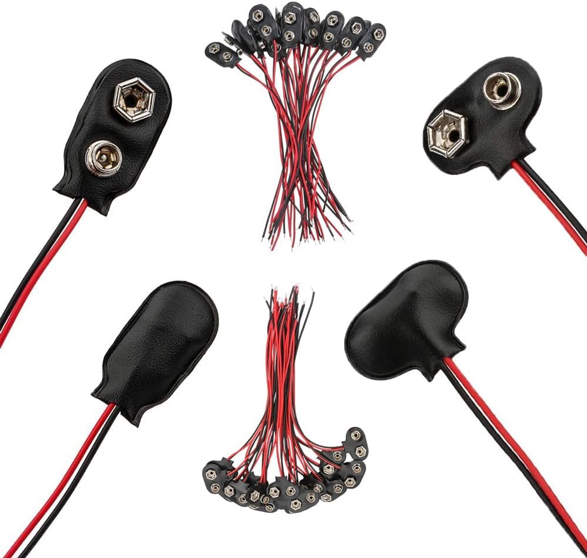 SnelShoppen - 60 Stuks 9V Batterij Clip Connectoren met Kabel en PU Leren Bescherming - T-Vorm en I-Vorm Snap Connectors voor Batterijbehuizing