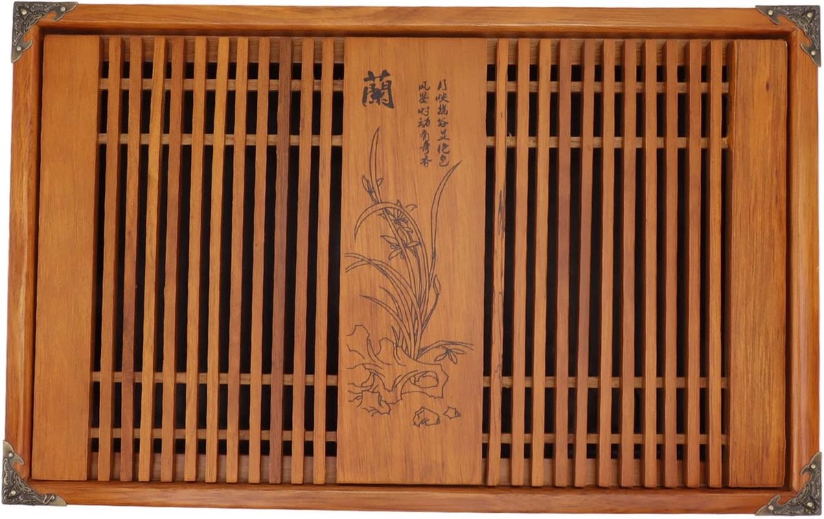 SnelShoppen - Kungfu Theeblad Chinese Gongfu Theeblad Afvoer Wateropslag Houten Theetafel met Afvoerbuis Uitstekende Vakmanschap (Gele Orchidee)