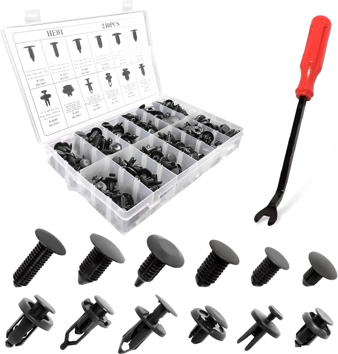 SnelShoppen - 240 Stuks Plastic Rivetten voor Auto, Universele Assortiment Push Rivetten in Doos met Demontagetools, Diverse Vormen en Maten, Hoogwaar