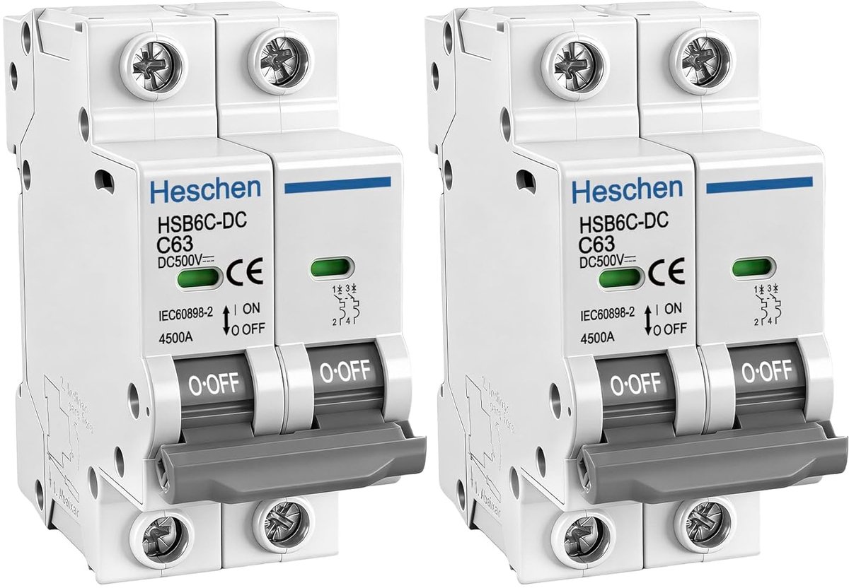 SnelShoppen - 2x Miniatuur Schakelaar DC500V 63A voor Zonnepanelen, 2 Polige Photovoltaïsche Schakelaar met 35mm DIN Rail Bevestiging