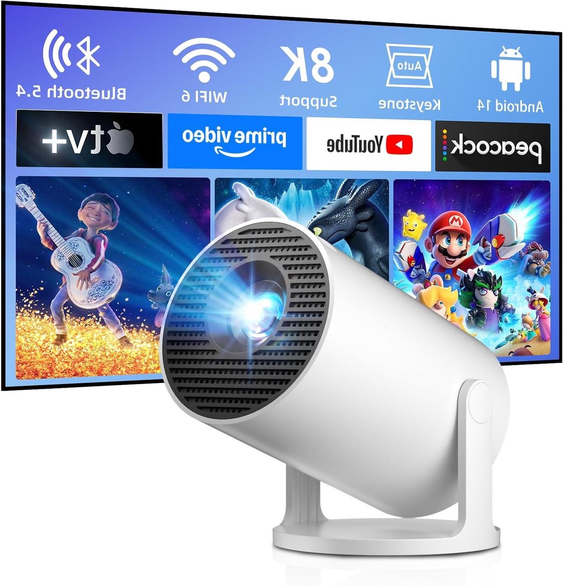Mini Beamer - Draagbare Projector - Thuisbioscoop Creëren - Android 14.0 OS - 8000 Lumen - Wit Zwart