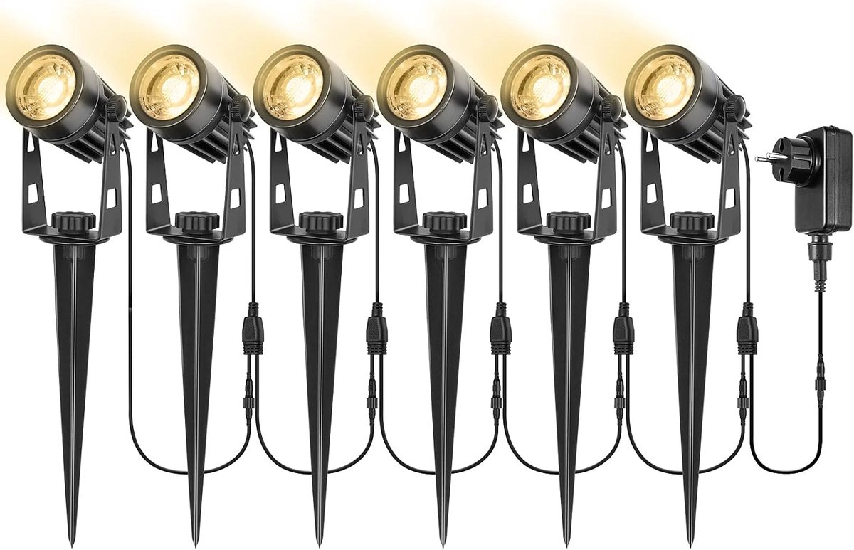 SnelShoppen - LUNSY Led-tuinverlichting, 6-in-1 tuinspots, warmwit 3000 K, waterdichte tuinlamp met stekker, schijnwerper voor Halloween en Kerstmis,