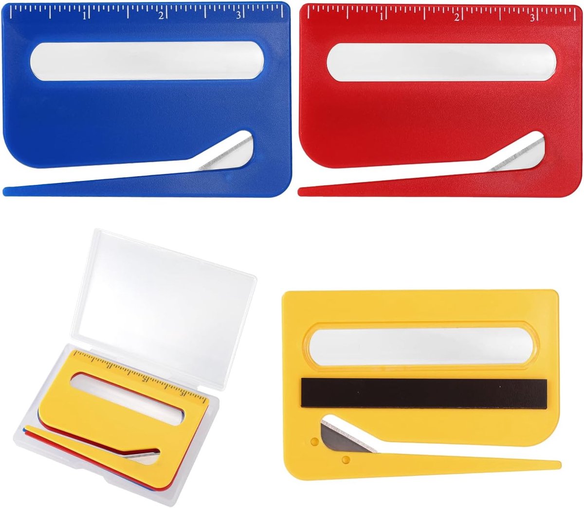 SnelShoppen - 3 Stuks Magnetische Briefopeners met Schaal en Vergrootglas in Rood, Geel en Blauw - Handige Envelopopener voor Thuis en Kantoor met Tra