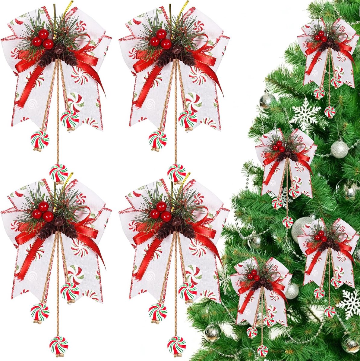 SnelShoppen - 4 Stuks Kerststrikken Versiering, Kerstboomstrikken, Strik Met Dennenappel Decoratie, Kerststrikken Ornamenten, Geschikt Voor Decoreren