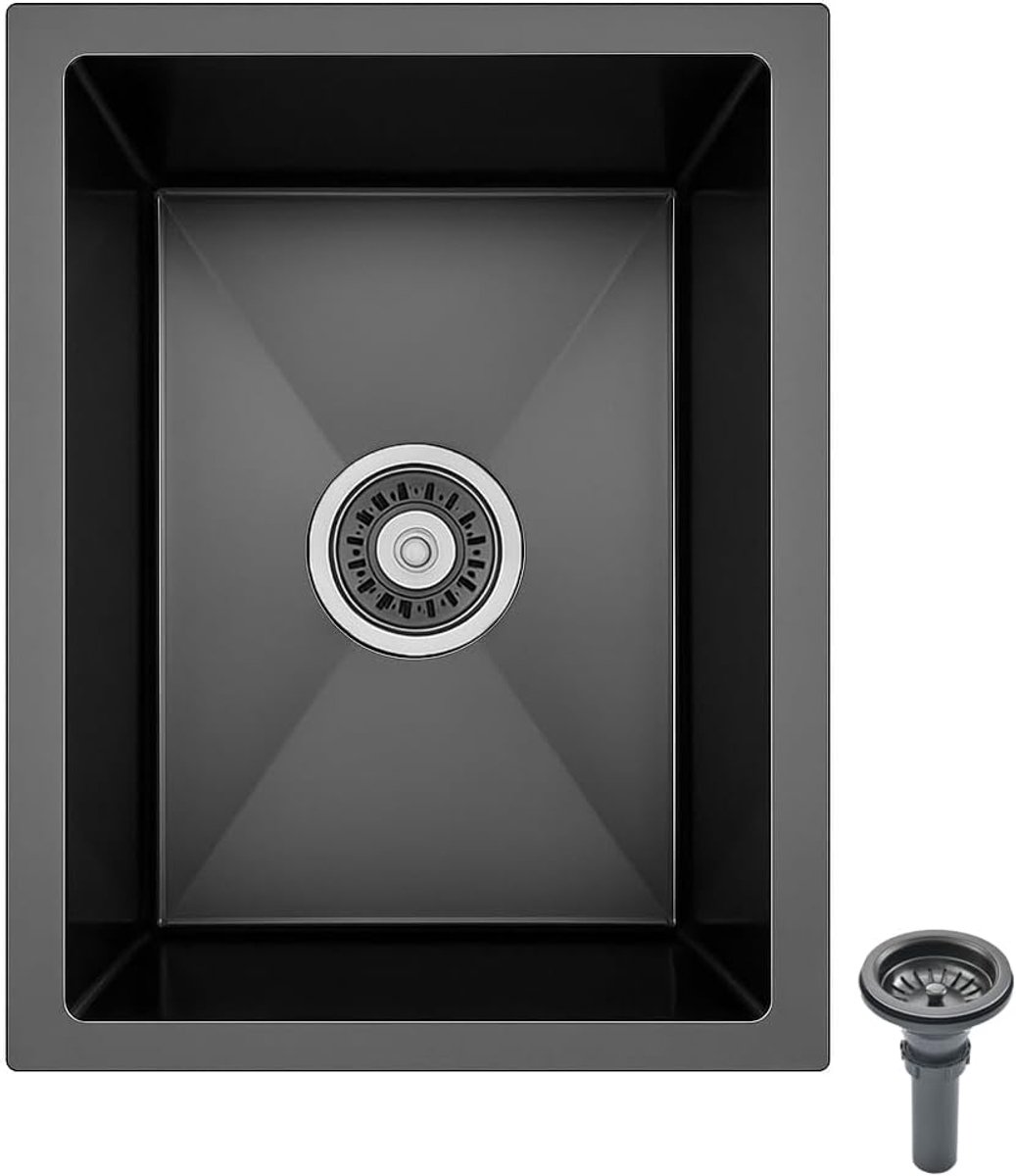 SnelShoppen - Compacte Onderbouw Spoelbak Zwart, 38 x 30 cm, RVS met Afvoer en Droogrek, Ideaal voor Kleine Keukens, Bars of Nutsruimtes