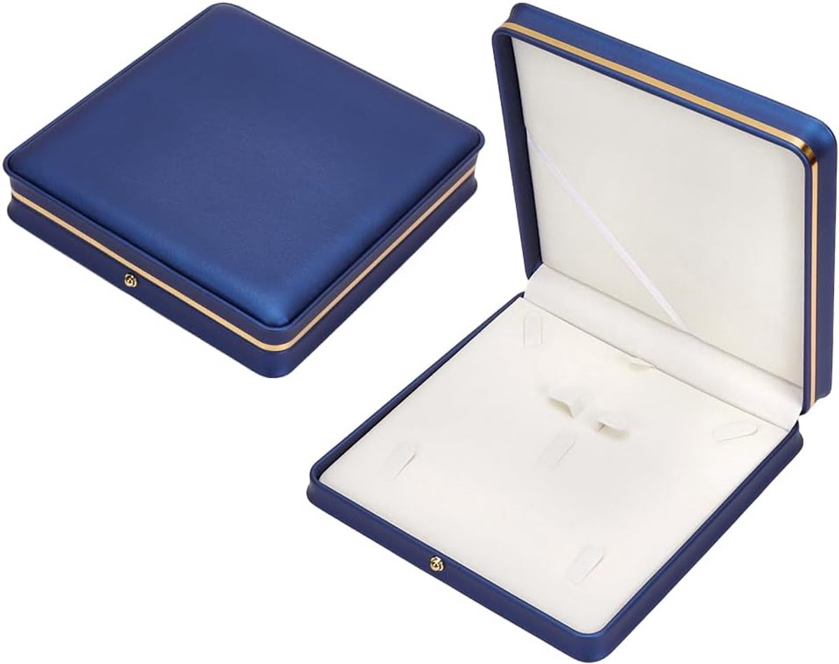 SnelShoppen - Kunstleer Bruiloft Juwelendoos Set 19,4 x 19,3 x 4,2 cm Vierkante Vitrine Sieradenhouder Box Opbergorganizer Koningsblauw Voor Halsketti