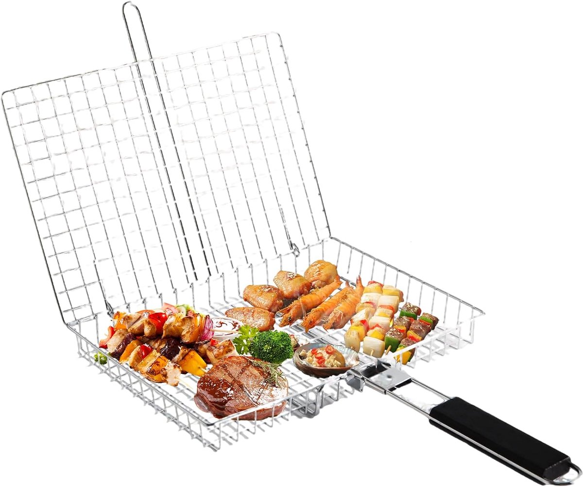 SnelShoppen - Hoge Capaciteit Vis Grillmand Roestvrij Staal met Opbergzak en Borstel Vouwbare Draagbare BBQ Grillmand met Verwijderbare Handgreep voor