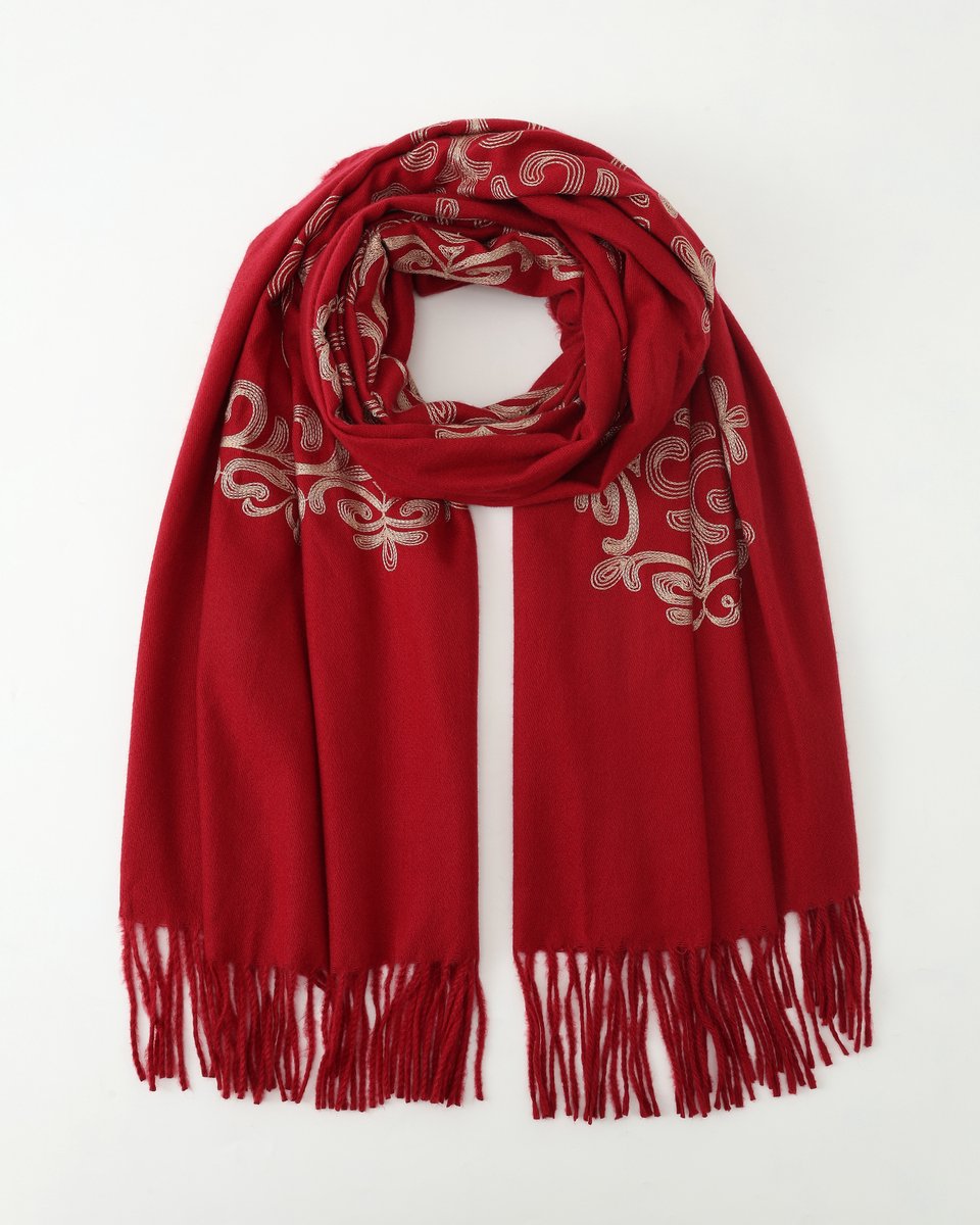 Nouka - Winter Sjaal - Rood met Boorduursel - Herfst Kleuren - Cadeau voor Vrouwen - 70 x 180 cm