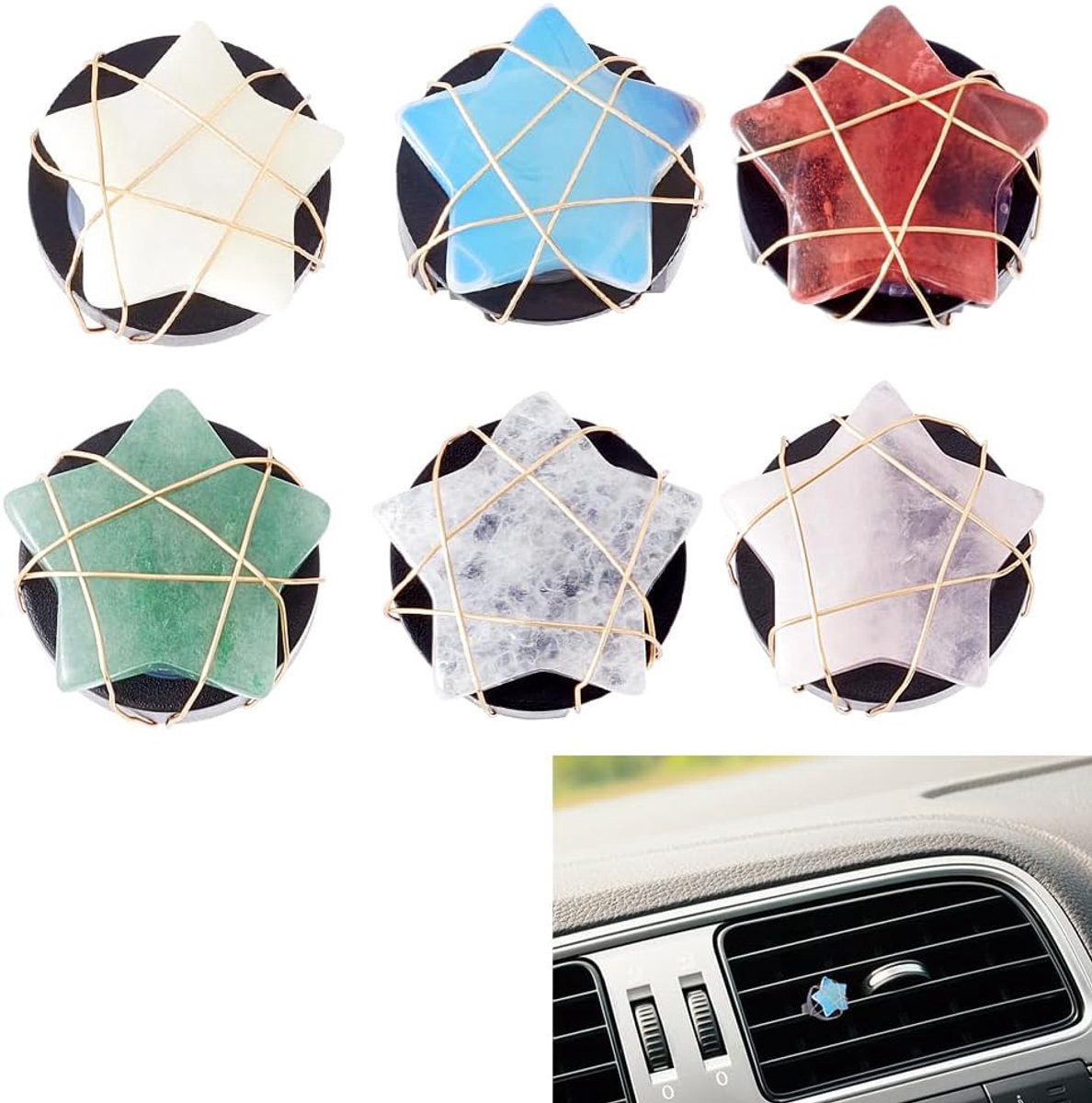 SnelShoppen - 6 Stuks Crystal Ster Ontluchtingsclips voor Auto, Luchtverfrisser Clips, Schattige Interieur Decoratie, Natuurlijke Edelstenen, Roze, Ro