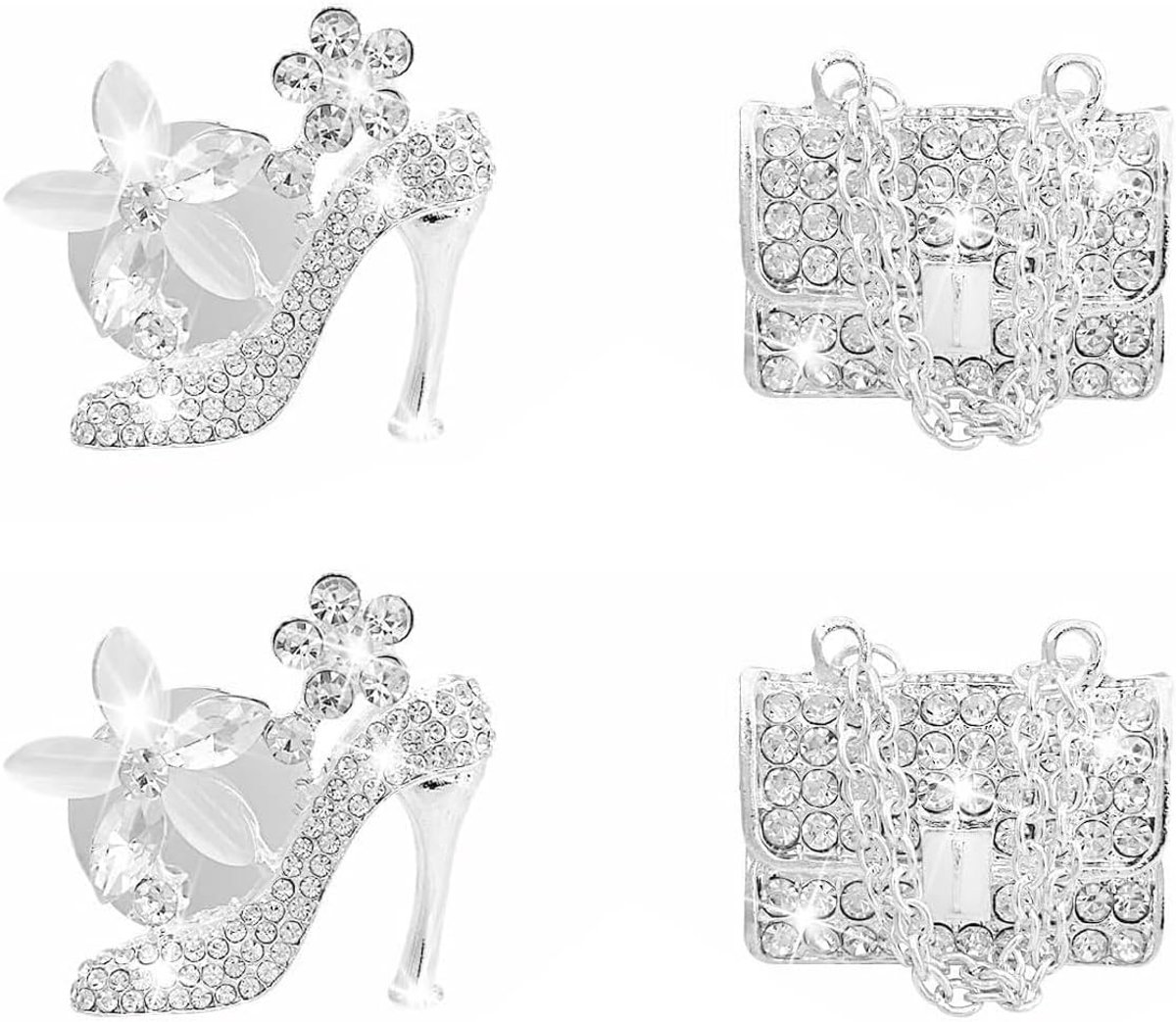 SnelShoppen - 4 Stuks Bling Bling High Heel Schoen en Tas Ventilatieclips - Kristal Luchtverfrisser voor Auto - Strass Diamant Decoratie - Glamoureuze