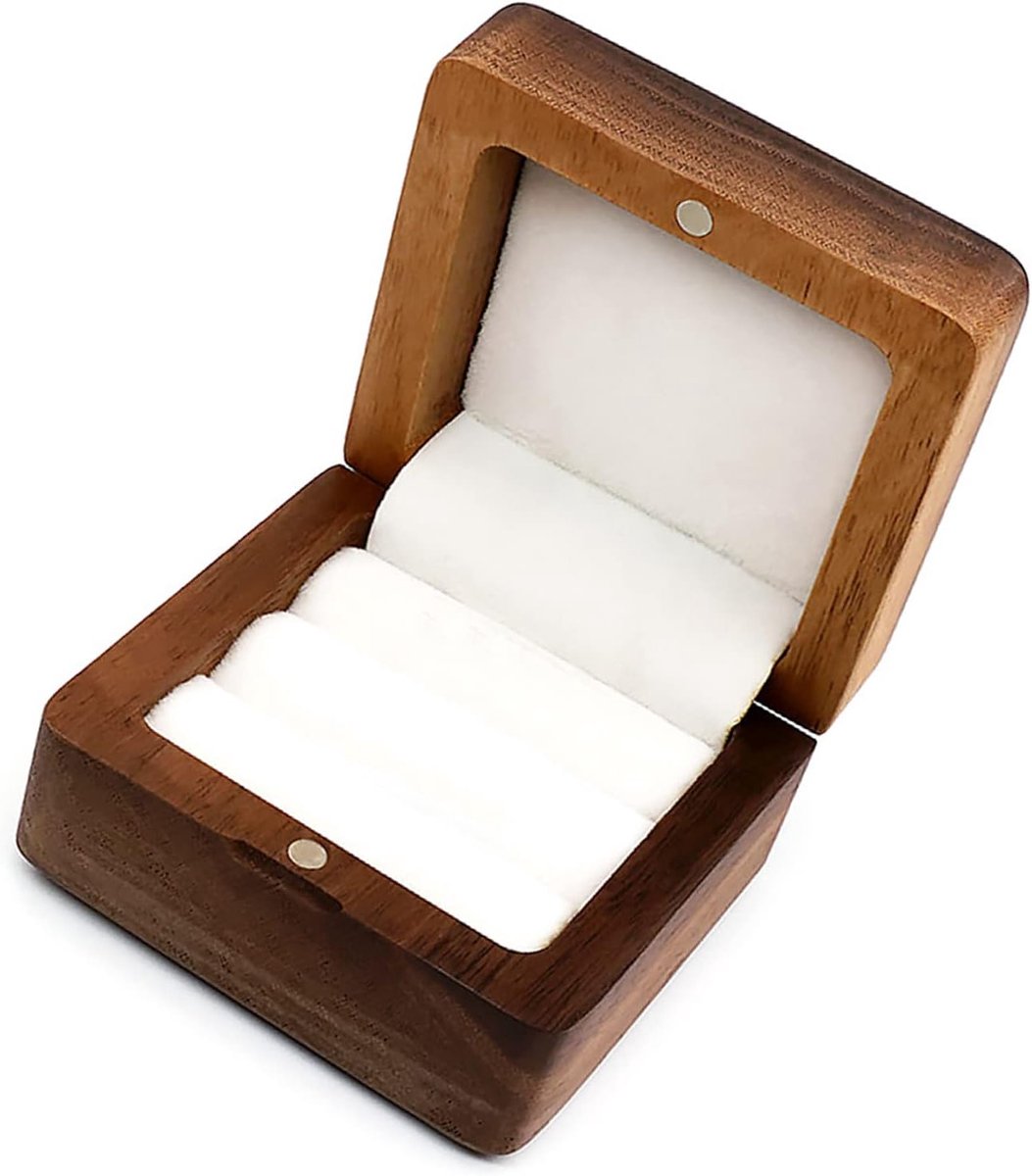 SnelShoppen - Houten Ringdoos Retro Zwart Walnoot, Trouwringen Doosje voor Ceremonie, Verloving, 6 x 6 x 4 cm, Elegant en Duurzaam