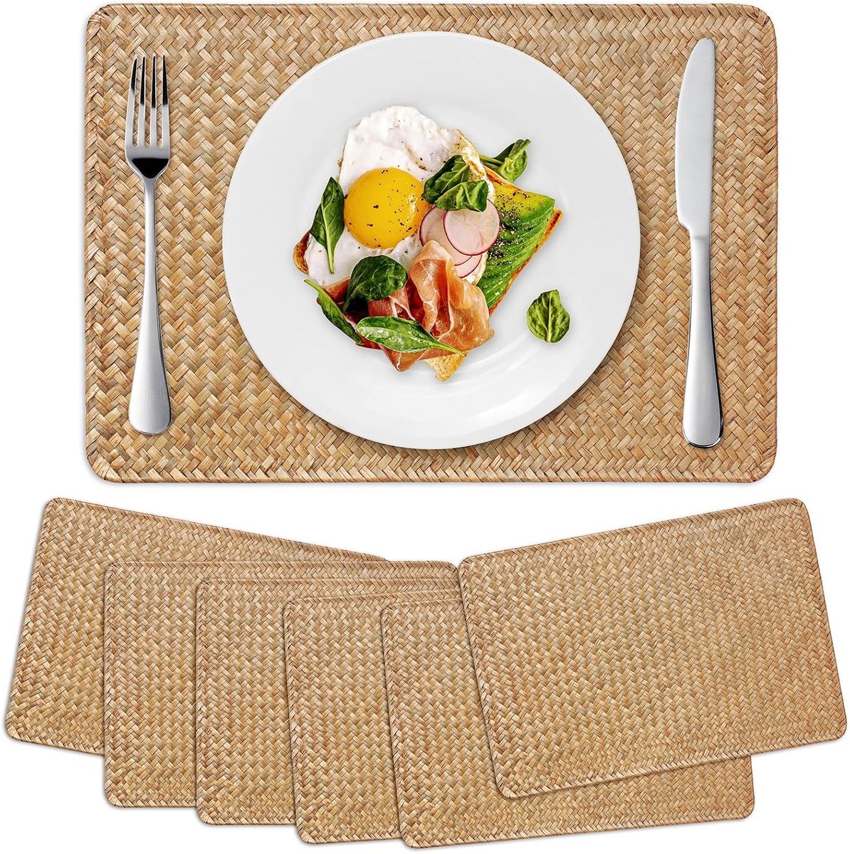 Placemats - Rechthoekige Geweven Placemats - Natuurlijk Stro - 45x30 cm - Hittebestendig en Antislip - 6 stuks