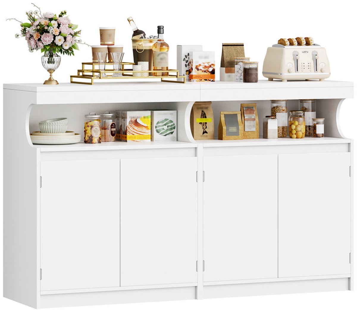 Hzuaneri Dressoir, keukenkast met 2 deuren, buffetkast met open schap, opbergkast, verstelbare planken, voor keuken of woonkamer, 40 x 140 x 85 cm, Wit